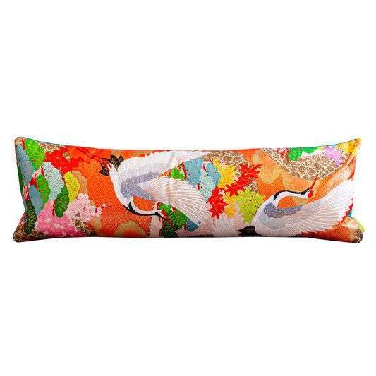 Colourful Bolster Pillow -Repurposed Kimono Silk Cranes on Blue Velvet