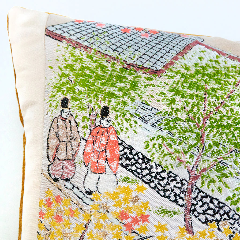 Close-up of vintage Nishijin silk fabric showcasing intricate embroidered details and rich texture on the 14-inch Obi Pillow.