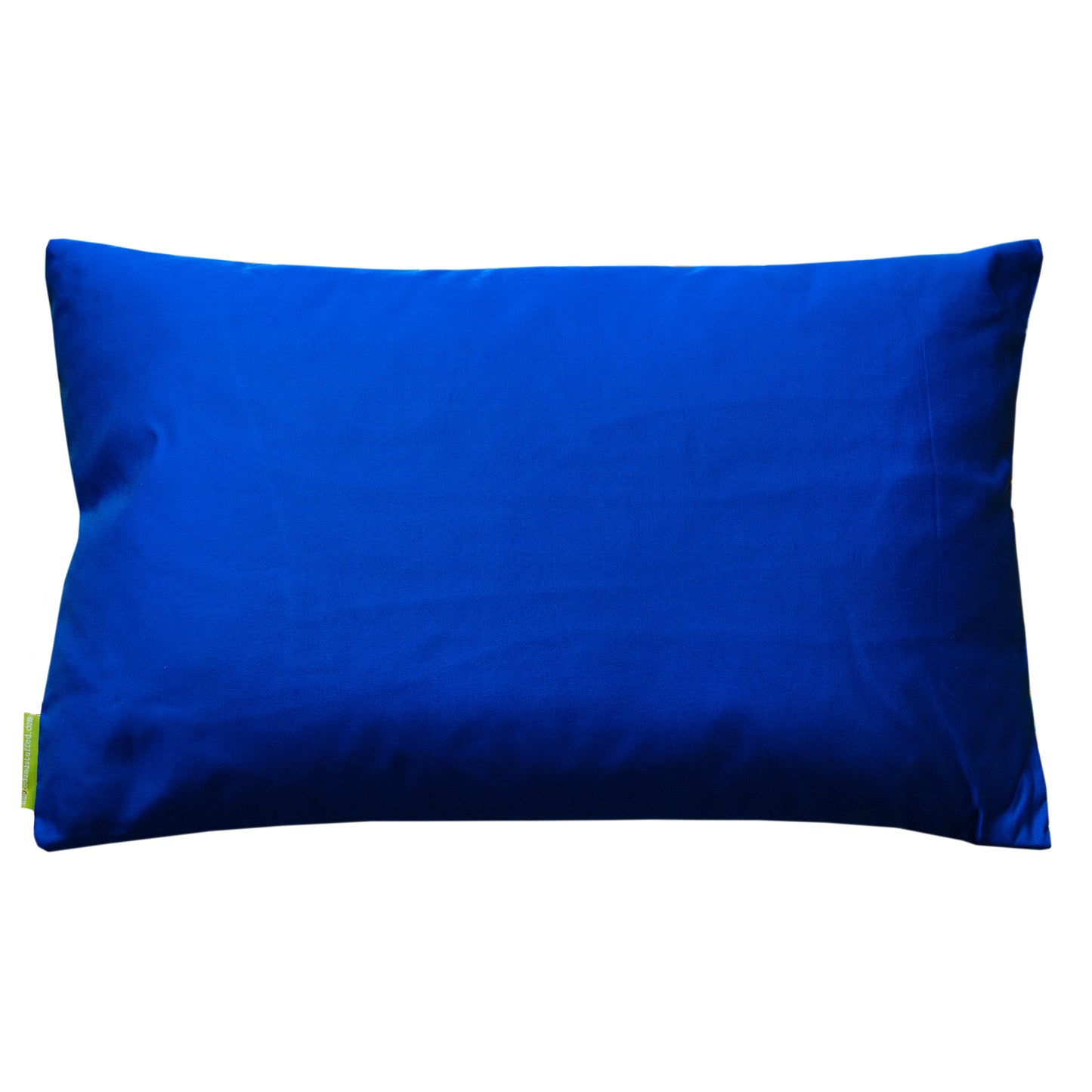 Electric blue silk pillow reverse, view of back of the pillow.