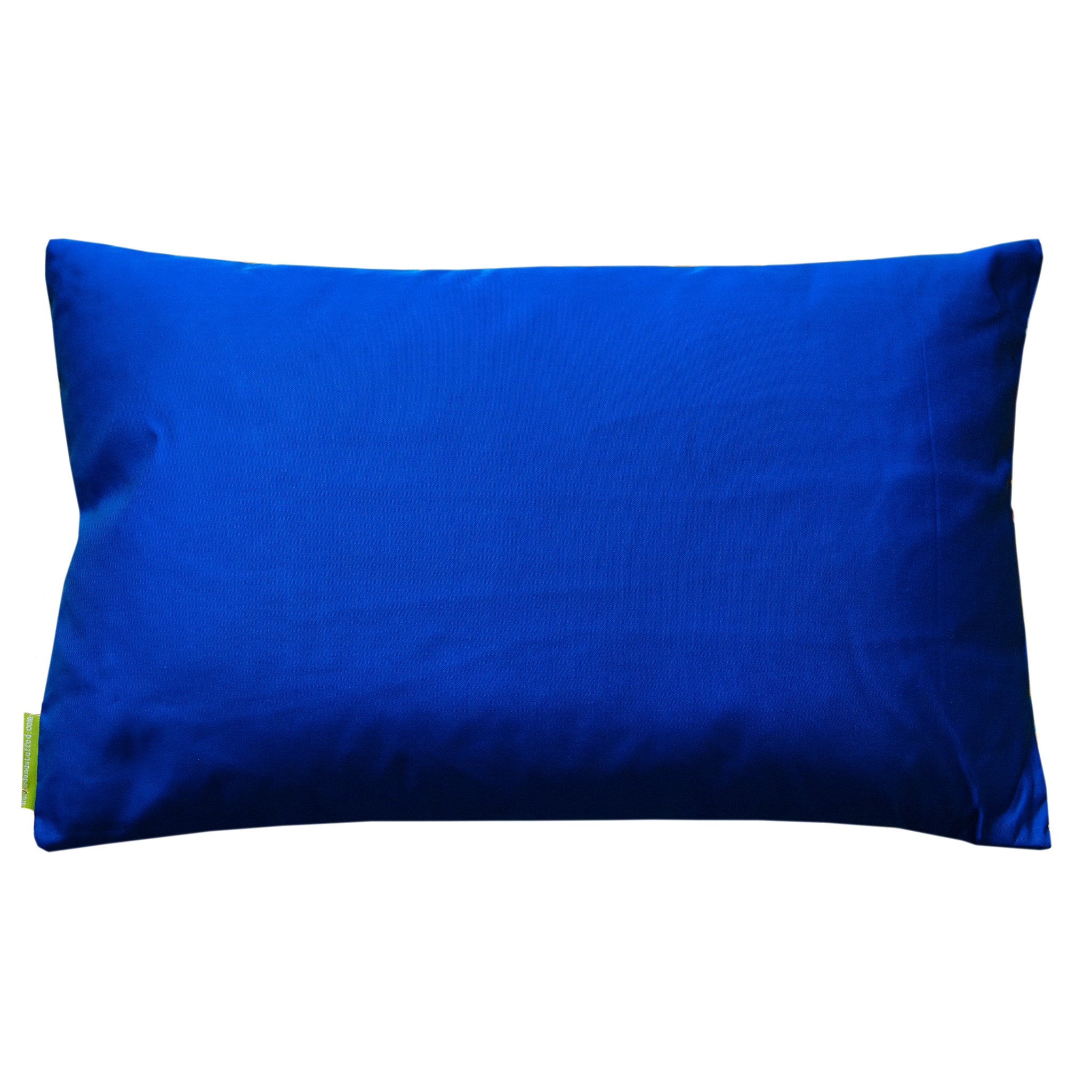 Close-up of gold accents and intricate silk weave on the top edge of the electric blue silk pillow showing detailed