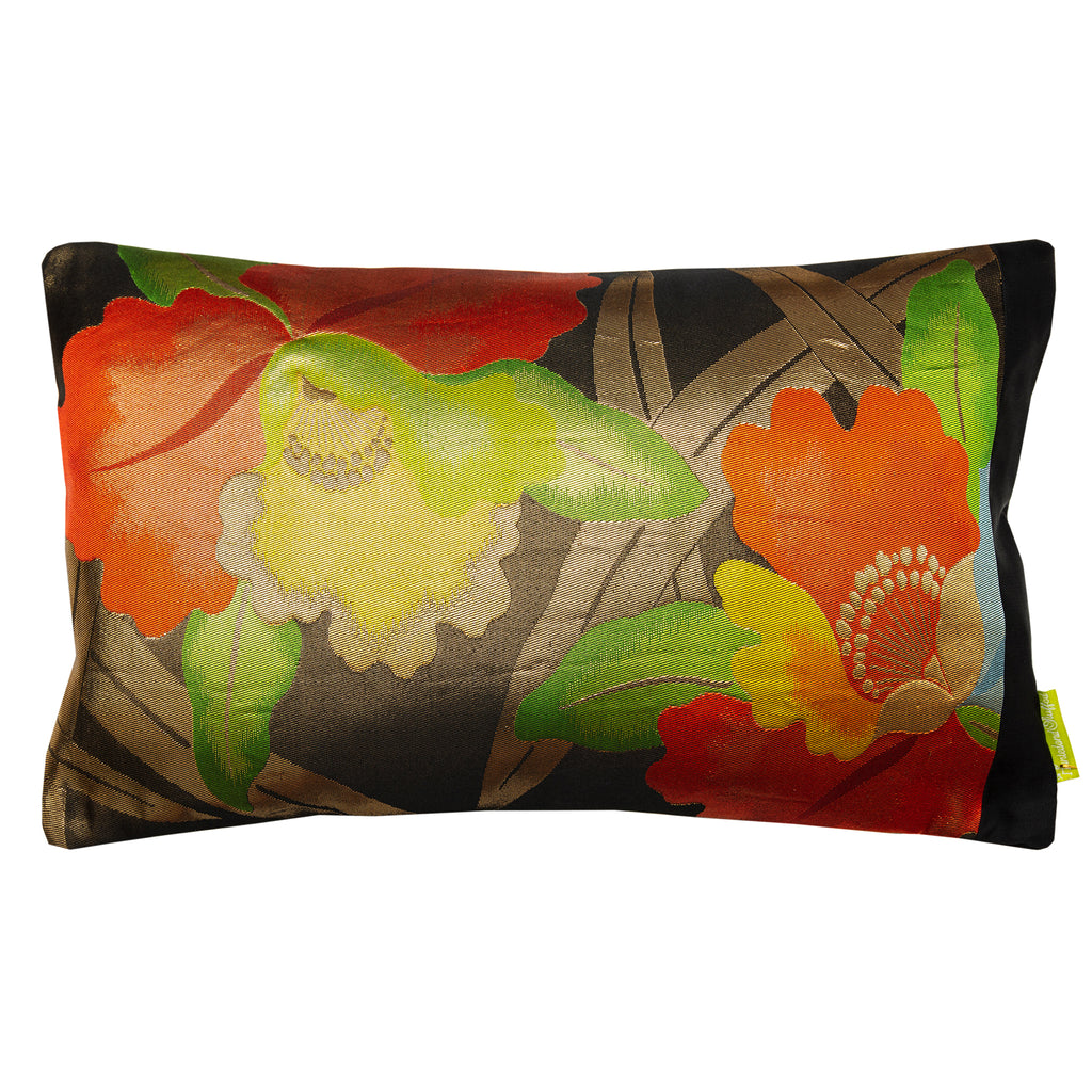 Hunted and Stuffed floral obi cushion in black silk with red, yellow, and gold embroidered flower patterns, measuring 16x16