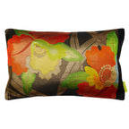 Hunted and Stuffed floral obi cushion in black silk with red, yellow, and gold embroidered flower patterns, measuring 16x16