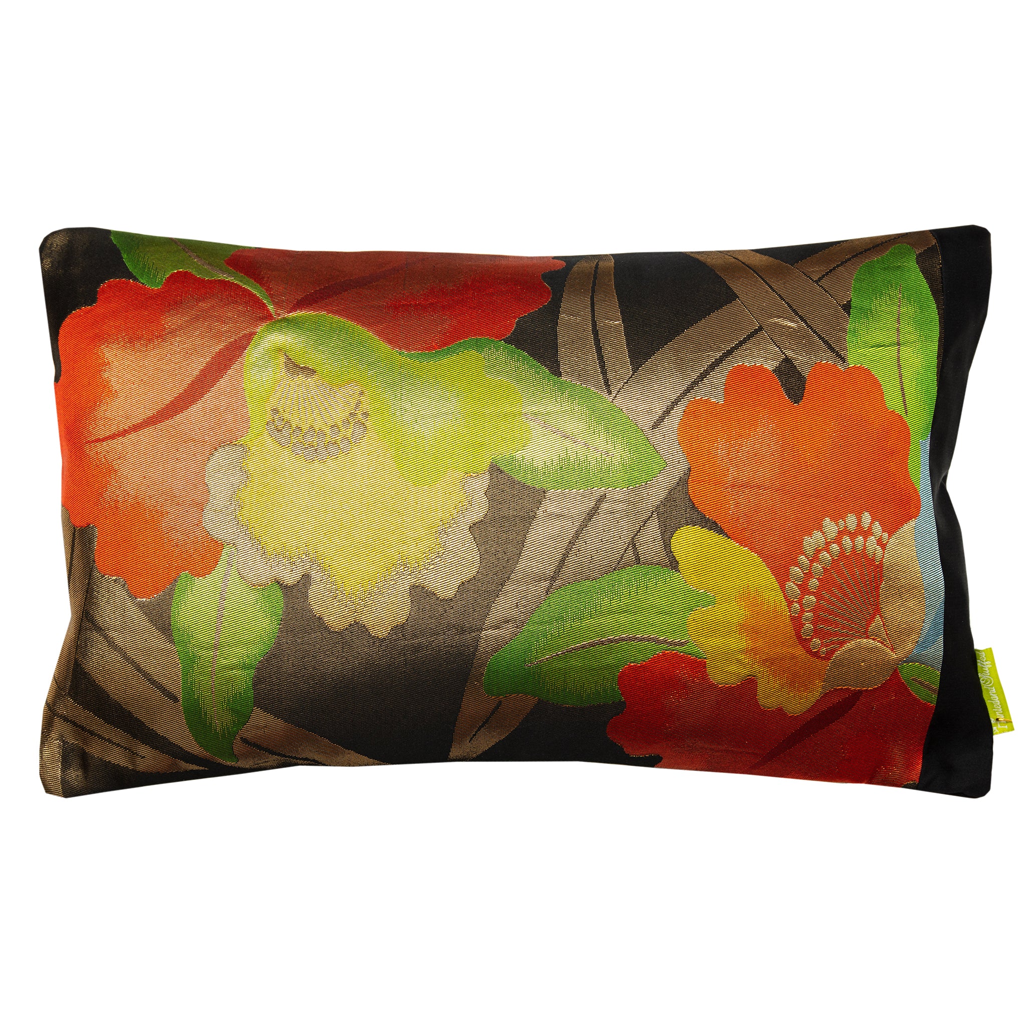 Hunted and Stuffed floral obi cushion in black silk with red, yellow, and gold embroidered flower patterns, measuring 16x16