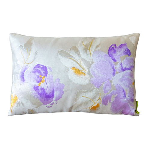 Hunted and Stuffed Floral Vintage Obi Cushion with purple silk and silver peony embroidery, 16x16 inches, handcrafted