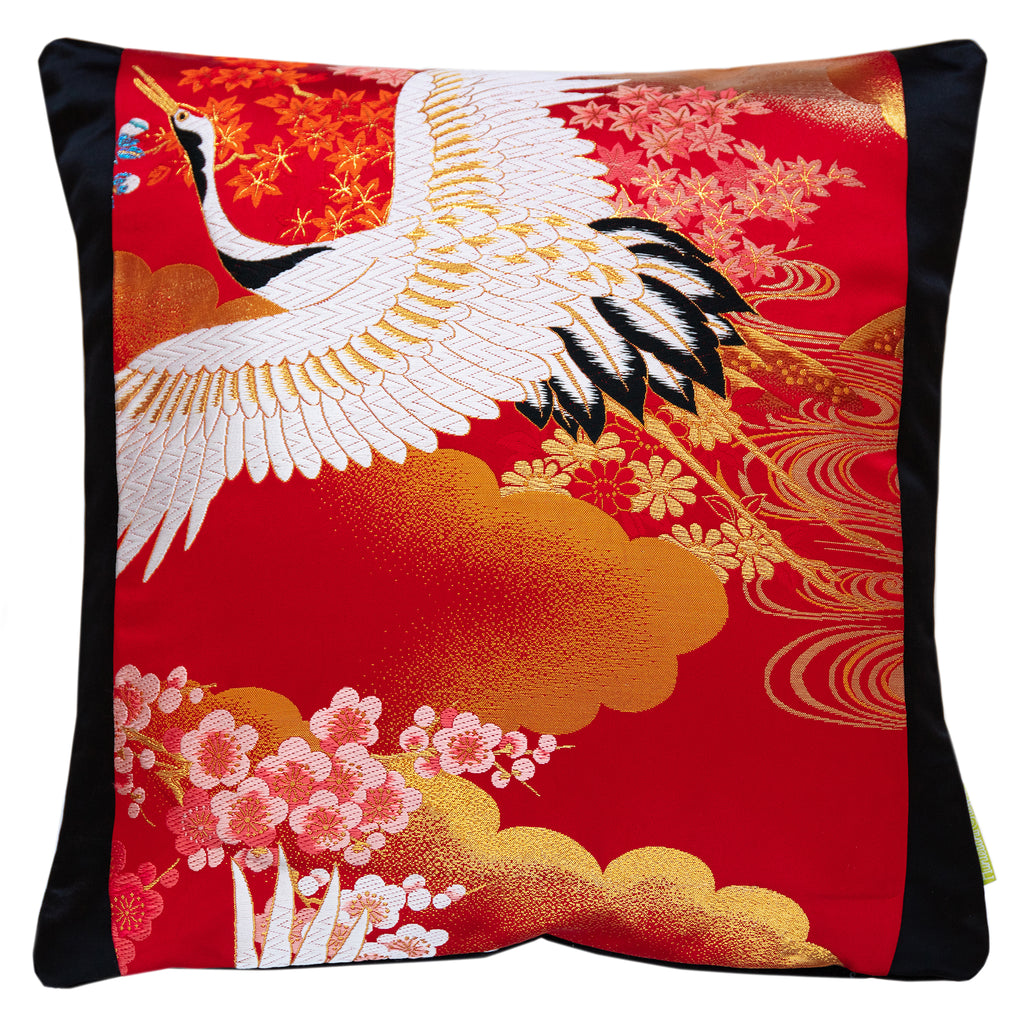Hunted and Stuffed Flying Cranes cushion, red silk on black velvet, 16-inch square Obi cushion with embroidered crane design