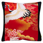 Hunted and Stuffed Flying Cranes cushion, red silk on black velvet, 16-inch square Obi cushion with embroidered crane design