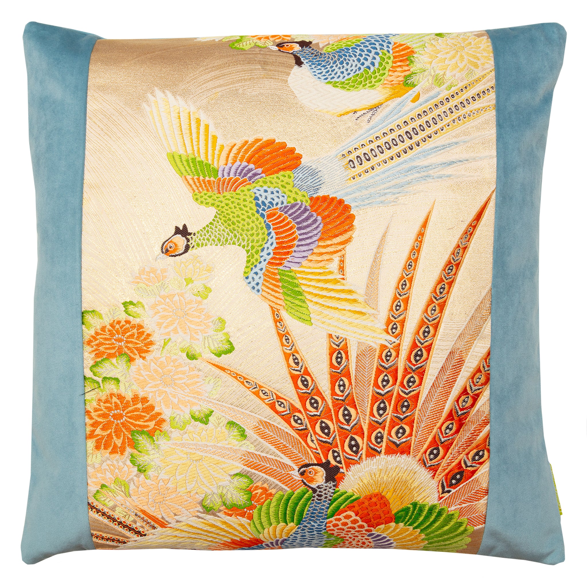 Flying Pheasants Pillow by Hunted and Stuffed features cream Maru Obi silk and duck egg blue velvet, 18-inch square Obi