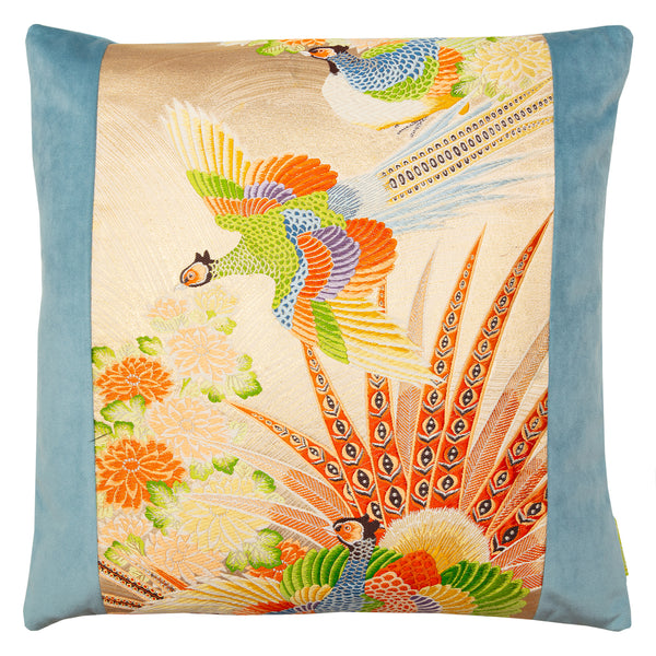 Flying pheasants pillow in cream maru obi silk with blue velvet sides and back by Hunted and Stuffed, London.