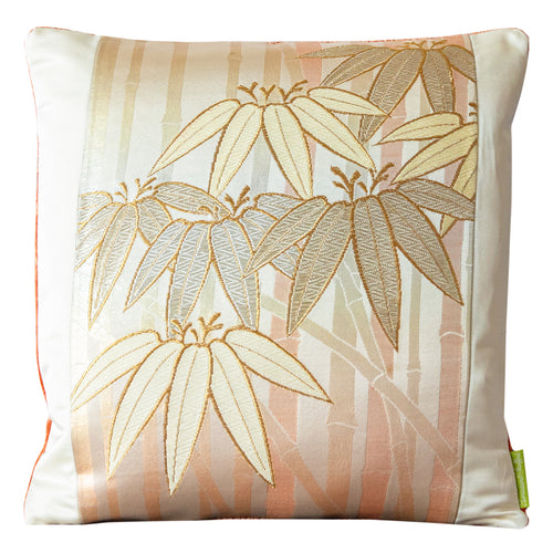 Hunted and Stuffed vintage gold bamboo pillow with peach velvet back, 17-inch square Obi cushion featuring textured fabric