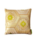 Gold geometric obi pillow in chartreuse velvet, 12-inch square cushion by Hunted and Stuffed, featuring textured fabric and