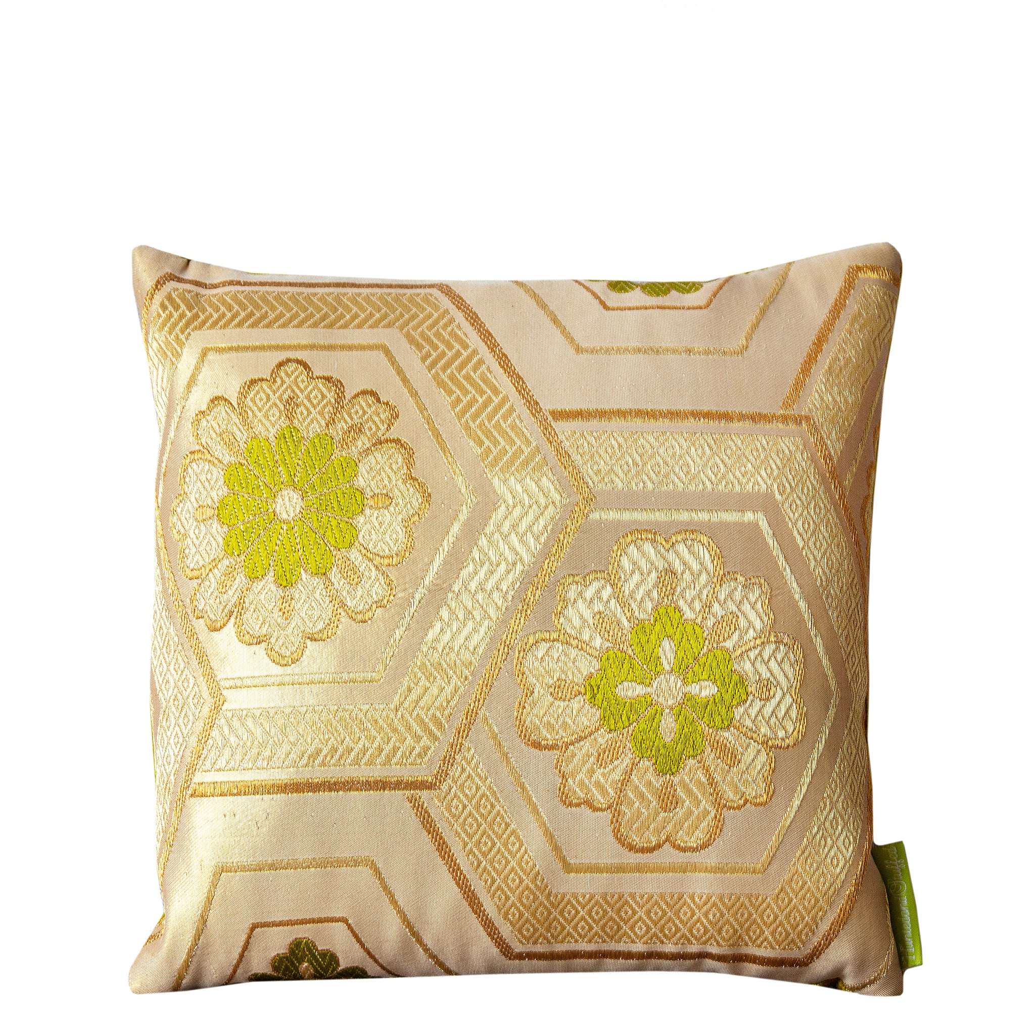 Gold geometric obi pillow in chartreuse velvet, 12-inch square cushion by Hunted and Stuffed, featuring textured fabric and