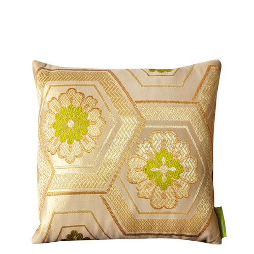 Gold geometric obi pillow in chartreuse velvet, 12-inch square cushion by Hunted and Stuffed, featuring textured fabric and