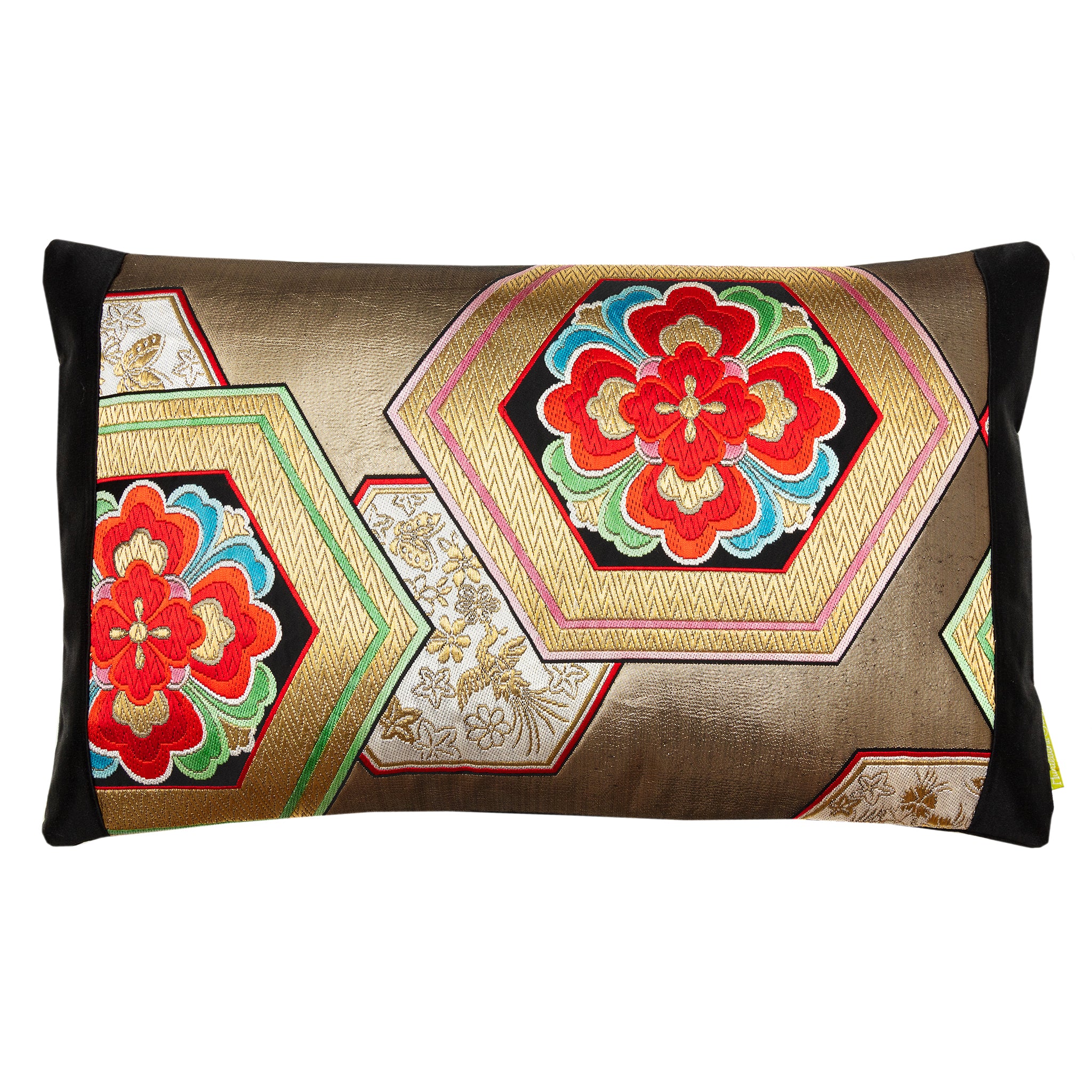 Gold hexagon embroidered cushion with black silk background, vintage Obi style, by Hunted and Stuffed, 12x12 inches