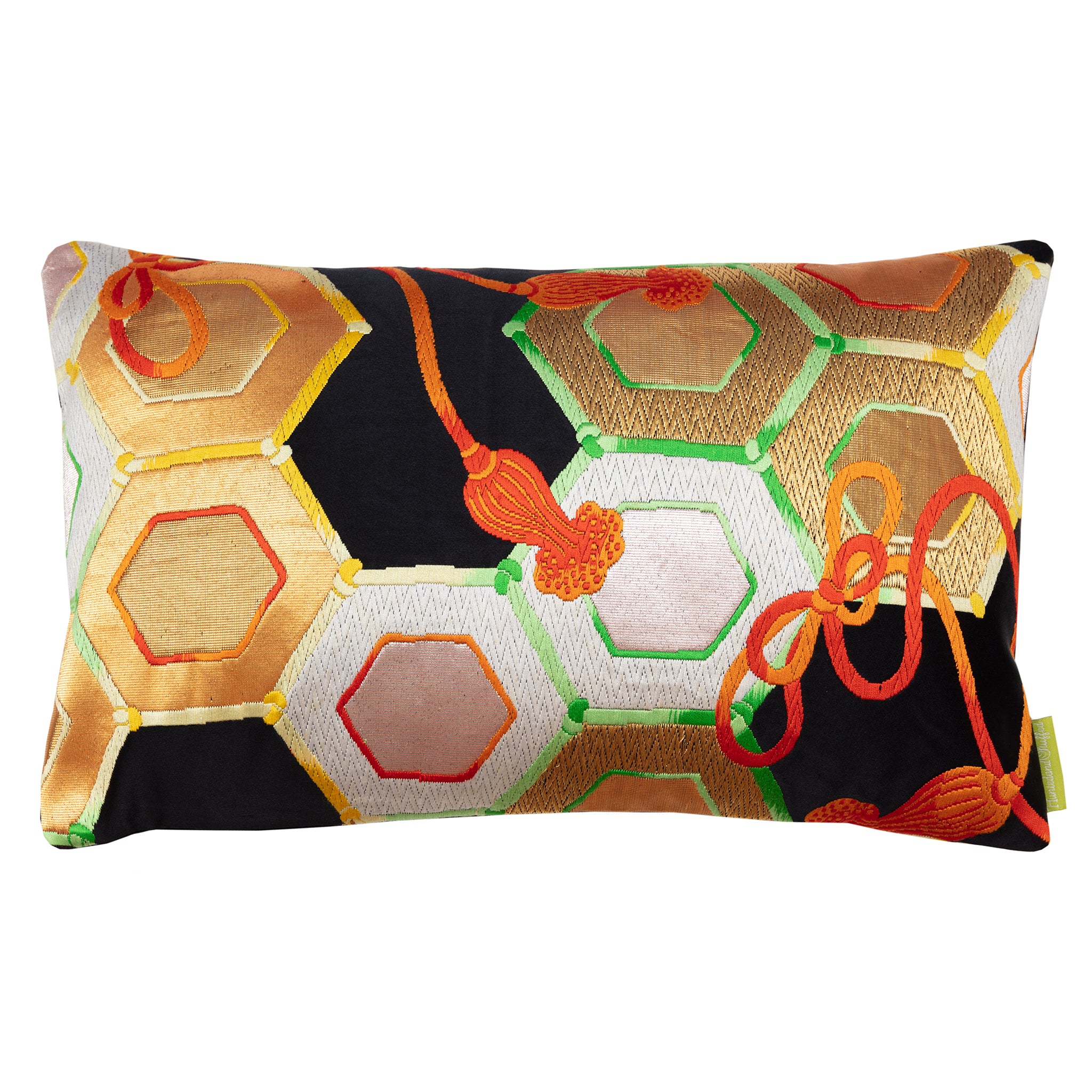 Gold hexagon-shaped Obi cushion with black silk cover, vintage-style design, Hunted and Stuffed brand, 20x20 inches