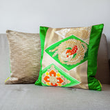 Gold obi pillow with Phoenix and flowers and green silk accents by Hunted and Stuffed