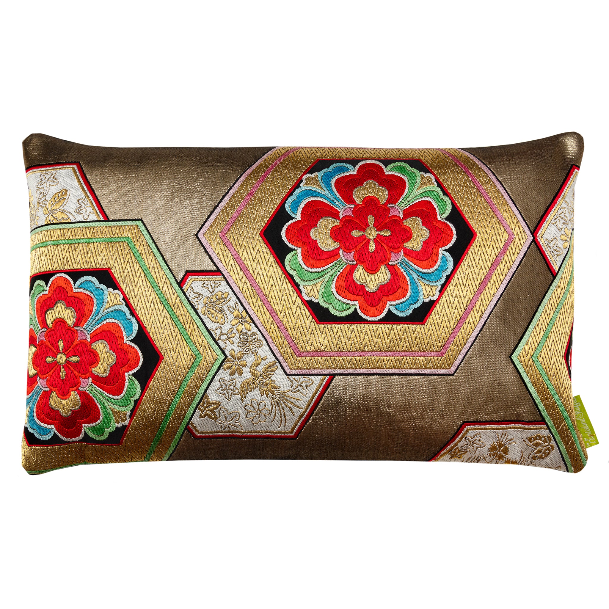 Close-up of gold hexagon embroidery detail highlighting vintage Obi silk texture and intricate stitching on the pillow front