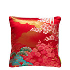 Hunted and Stuffed 13-inch square obi cushion with red silk cover featuring golden clouds and emerald velvet backing