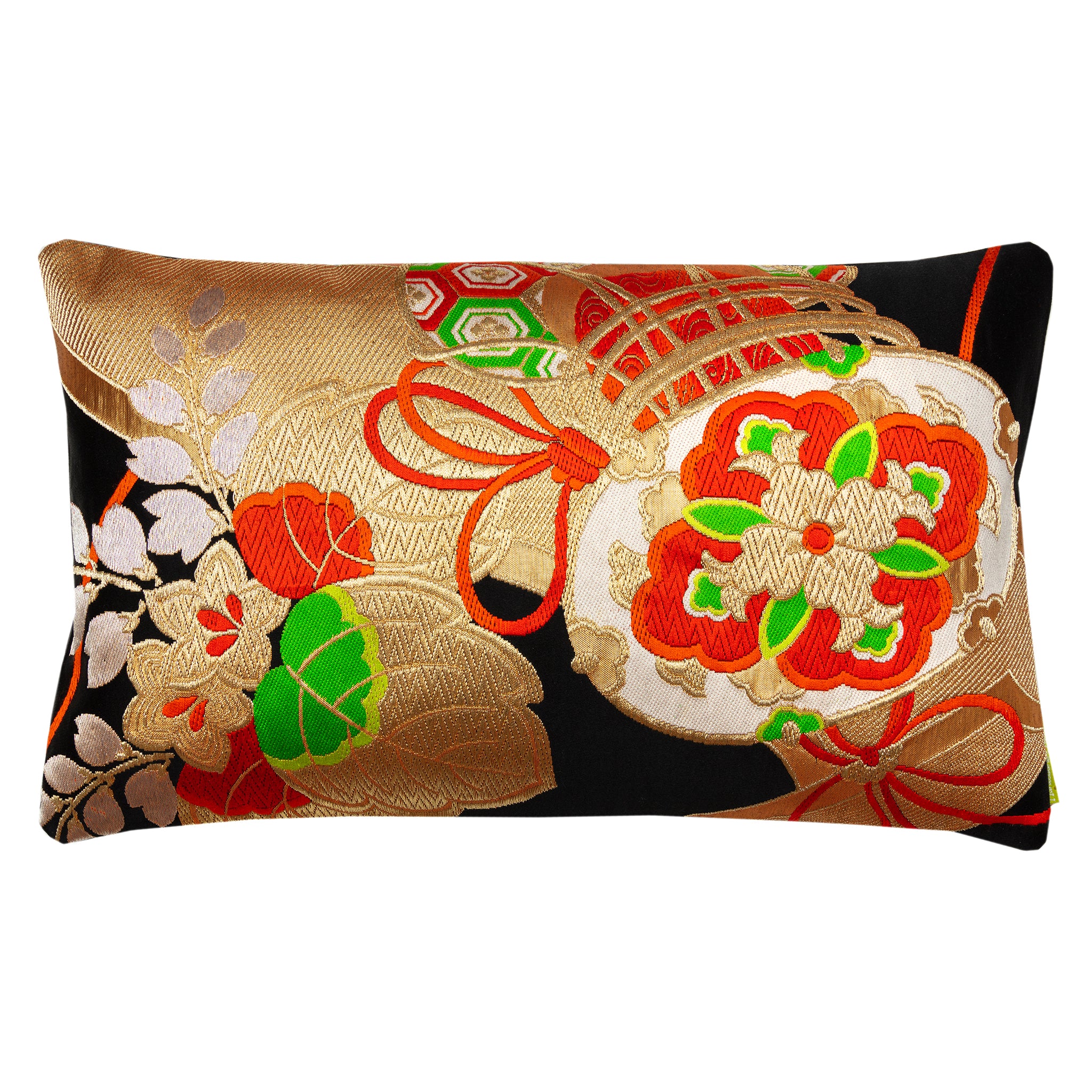 Hunted and Stuffed Golden Drum Obi Pillow with black silk cover, orange and green embroidered accents, 16x16 inches