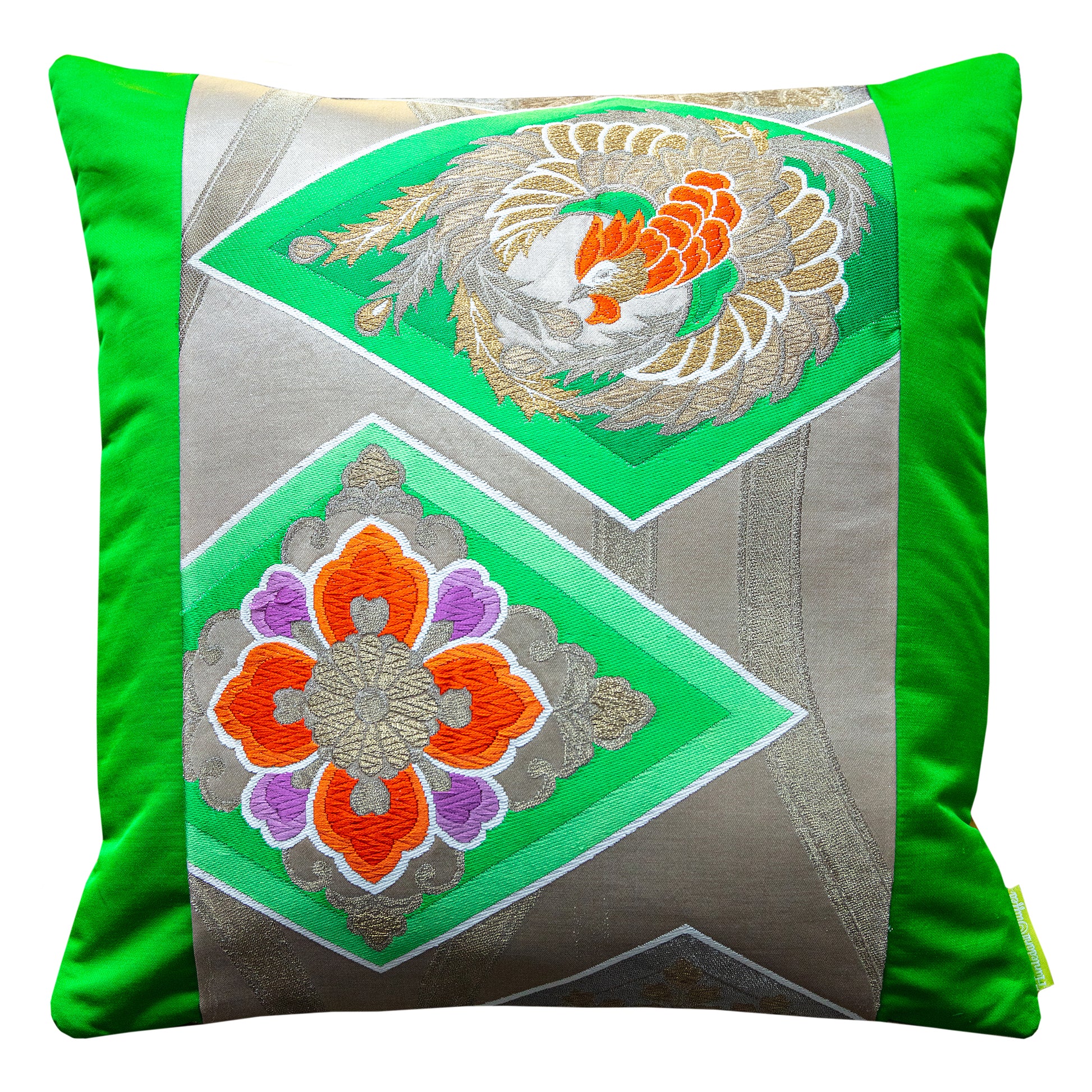 Green oriental silk cushion with phoenix and flowers.
