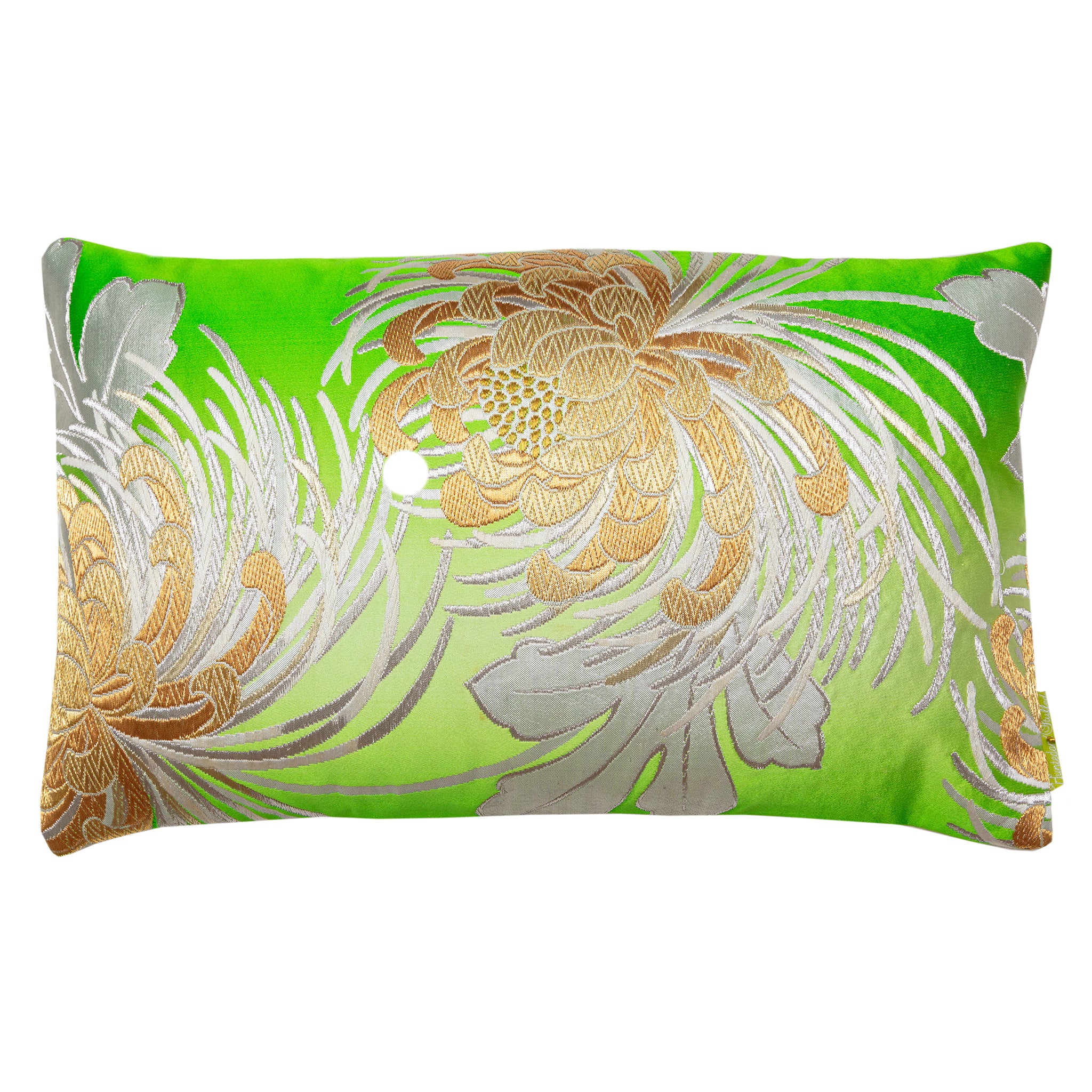 Floral design on green vintage obi silk cushion with Kiku pattern, crafted by Hunted and Stuffed, 12x12 inches style-focused