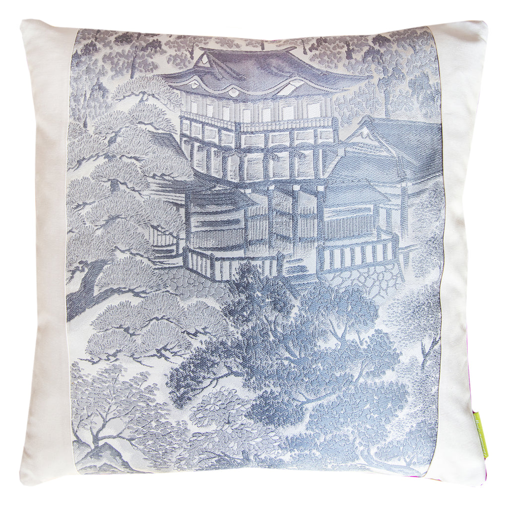 Hunted and Stuffed grey silk square Obi cushion with shocking pink silk back, 14-17 inch size, soft textured textile.