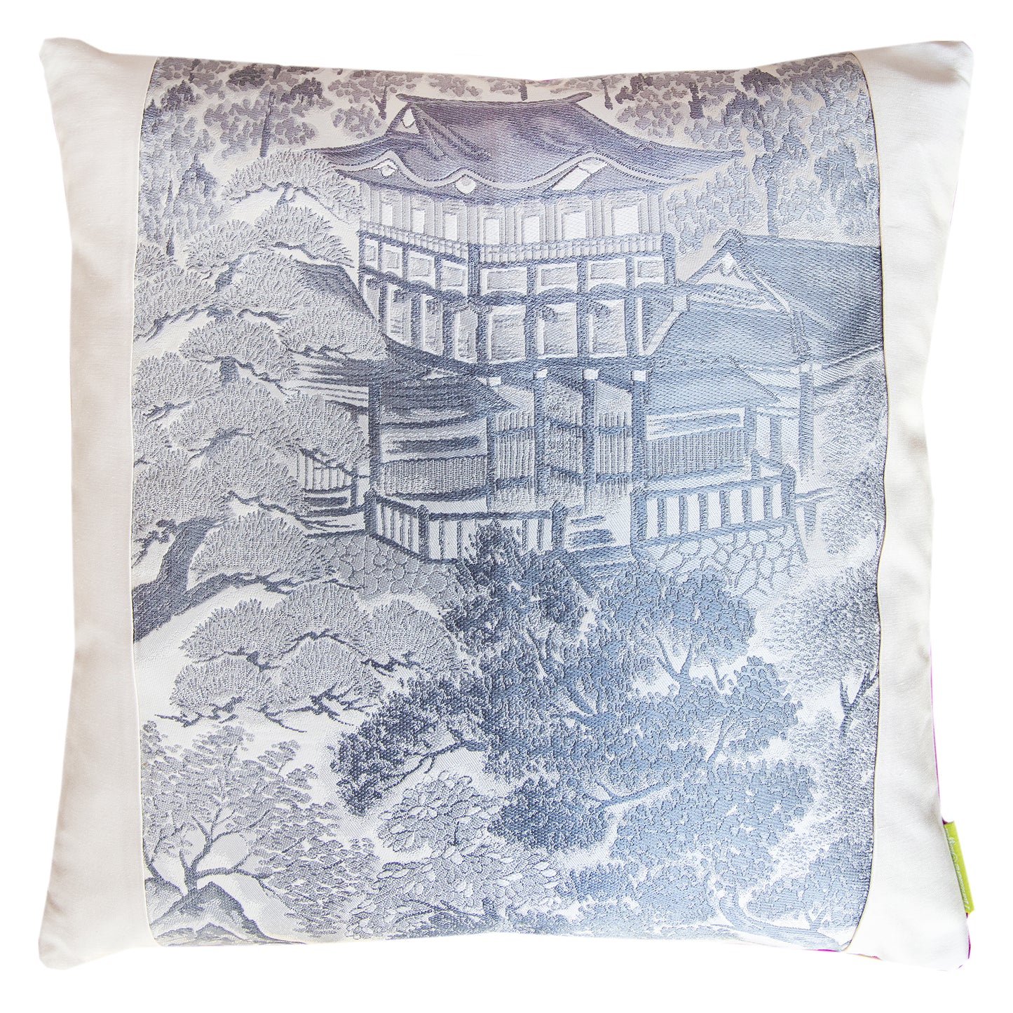 Grey Silk Temples Cushion  -Shocking Pink Silk Back