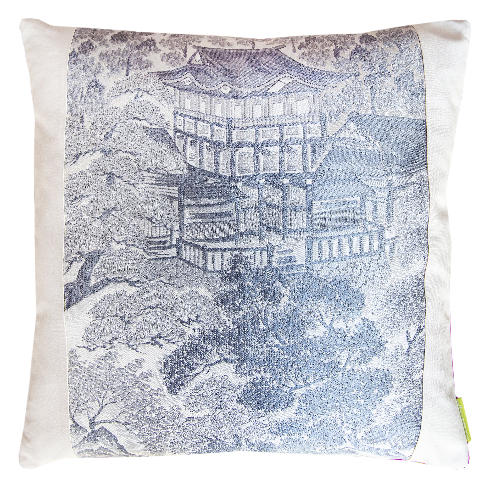 Hunted and Stuffed grey silk square Obi cushion with shocking pink silk back, 14-17 inch size, soft textured textile.