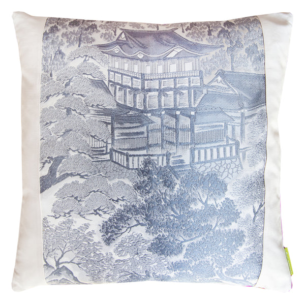Grey Silk Temples Cushion  -Shocking Pink Silk Back
