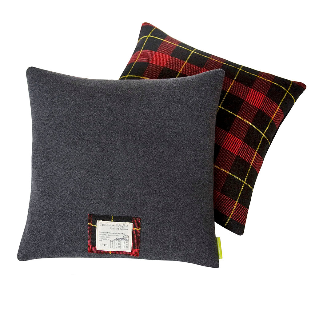 Grey wool tartan cushion featuring vintage 1960s Gannex fabric, framed in a linen border, by Hunted and Stuffed, wool