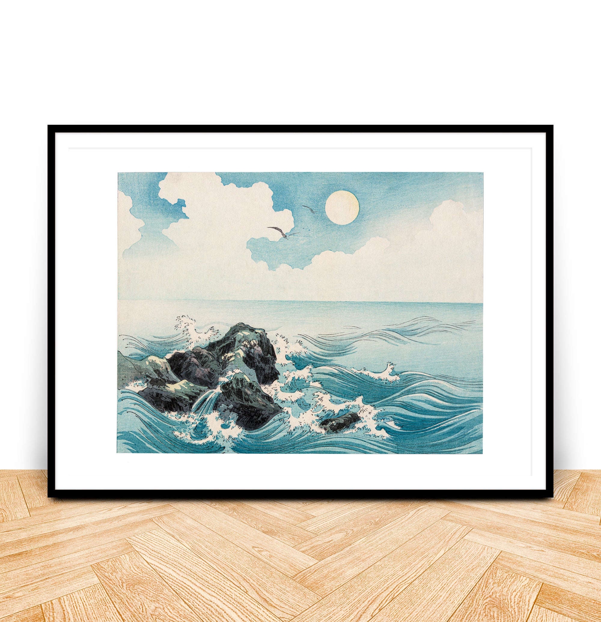 Japanese woodcut print of waves crashing on rocks, Hunted and Stuffed brand, ink on paper, 19th-century style, framed