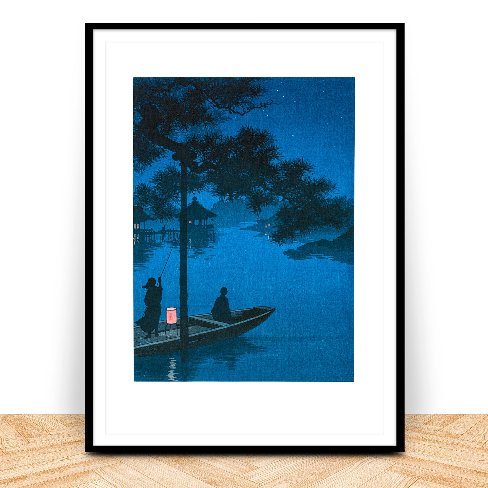 Japanese woodblock print of Shubi Pines at Night by Hunted and Stuffed, ink on paper, 19th-century Edo era, framed, edition