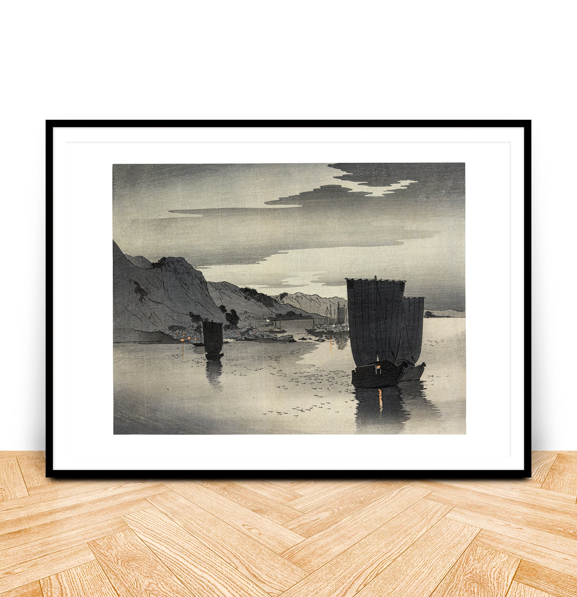 Japanese ukiyo-e print of ships at anchor by Ohara Koson, limited edition, mounted on rice paper, circa Meiji era, Hunted