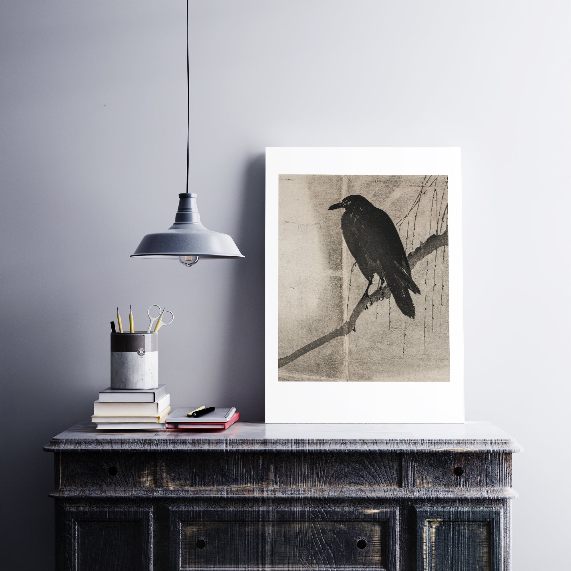 Japanese Crow print from the 1860s by Hunted and Stuffed, woodcut on handmade paper, framed edition 27/50, vintage Edo era