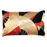 Japanese fans pillow in black silk, gold fands, red bamboo by Hunted and Stuffed.