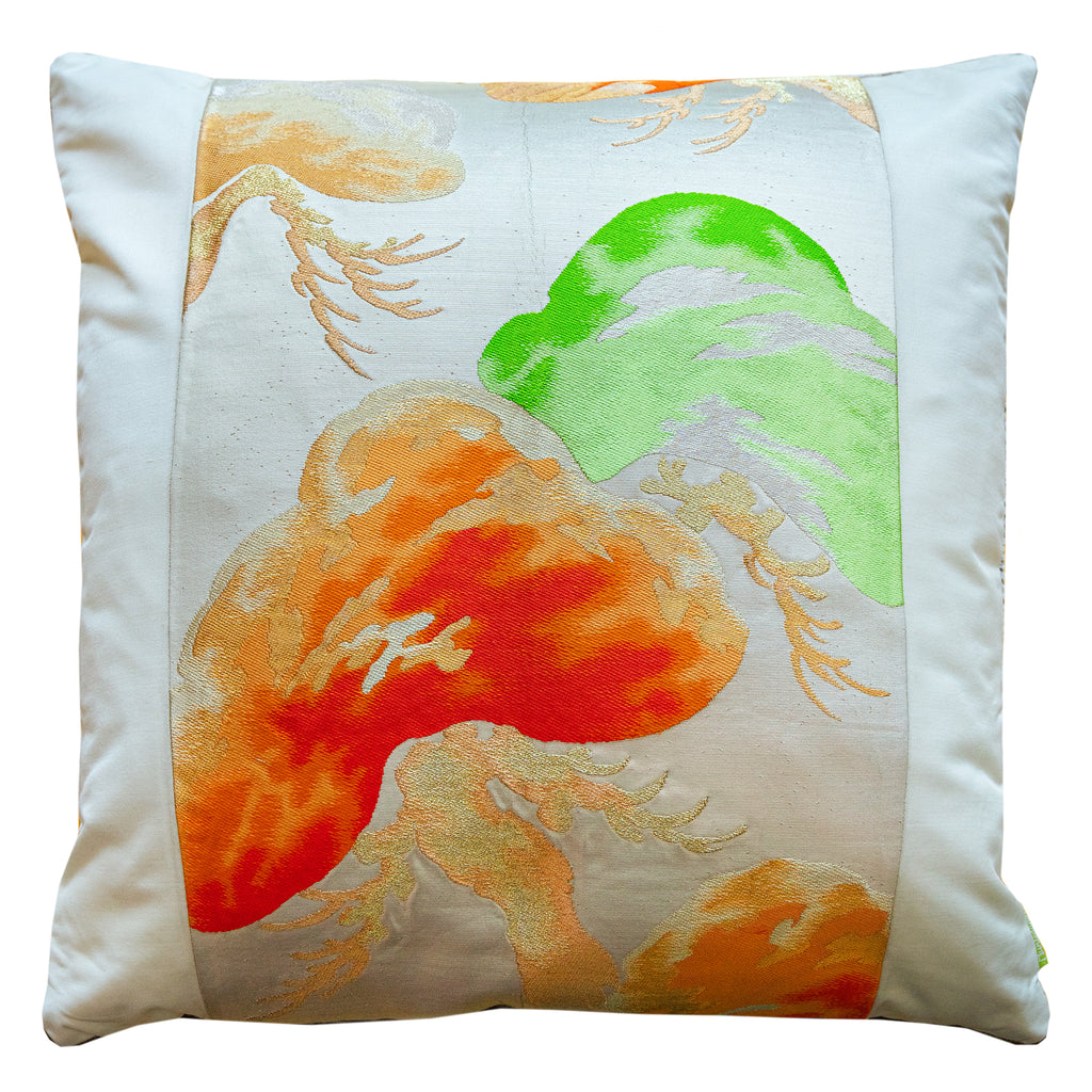 Large cream square pillow with velvet back, 19-inch Matsu Obi Silk fabric, featuring plush texture and subtle sheen, by