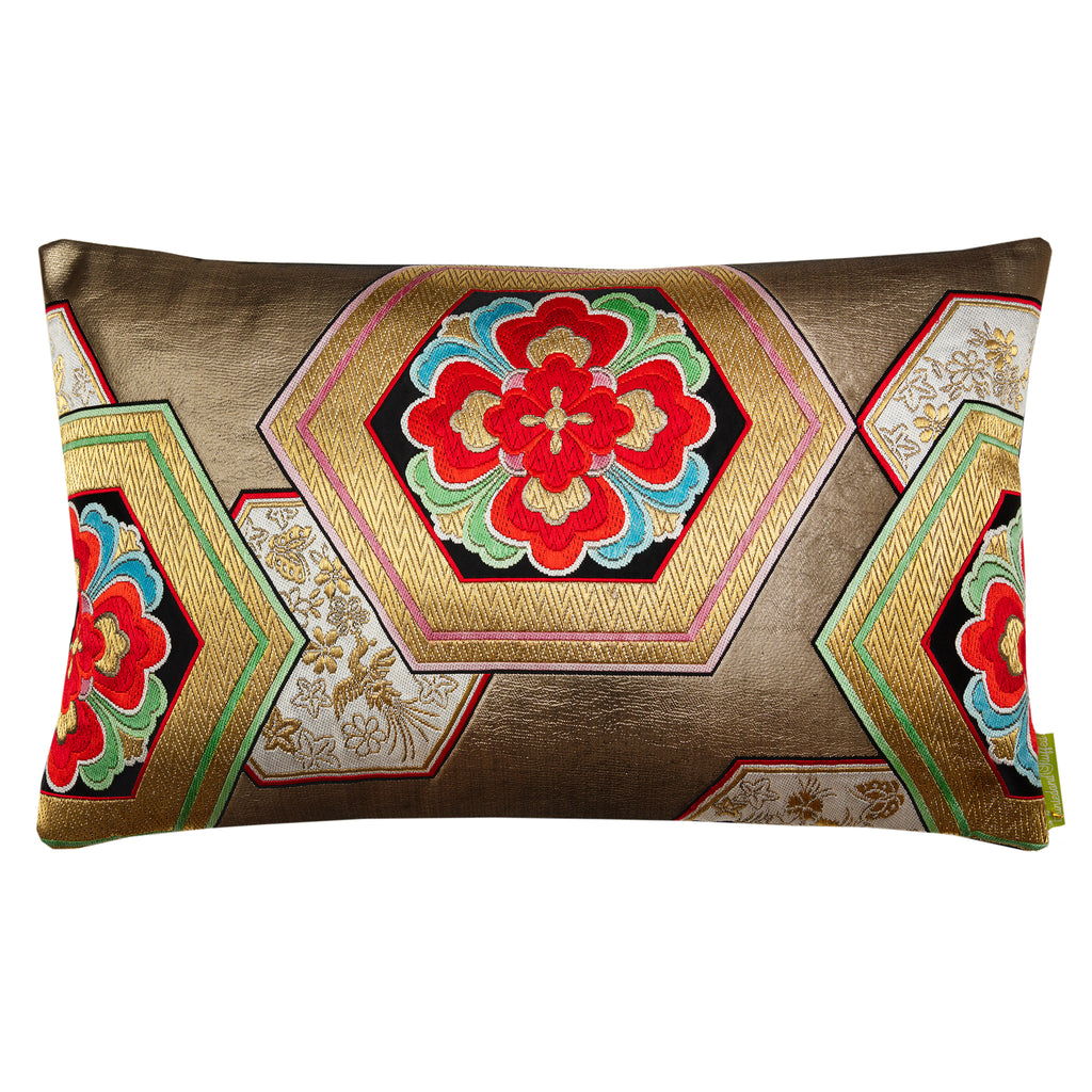 Hunted and Stuffed gold accent pillow featuring vintage obi silk with hexagon pattern and subtle embossed details