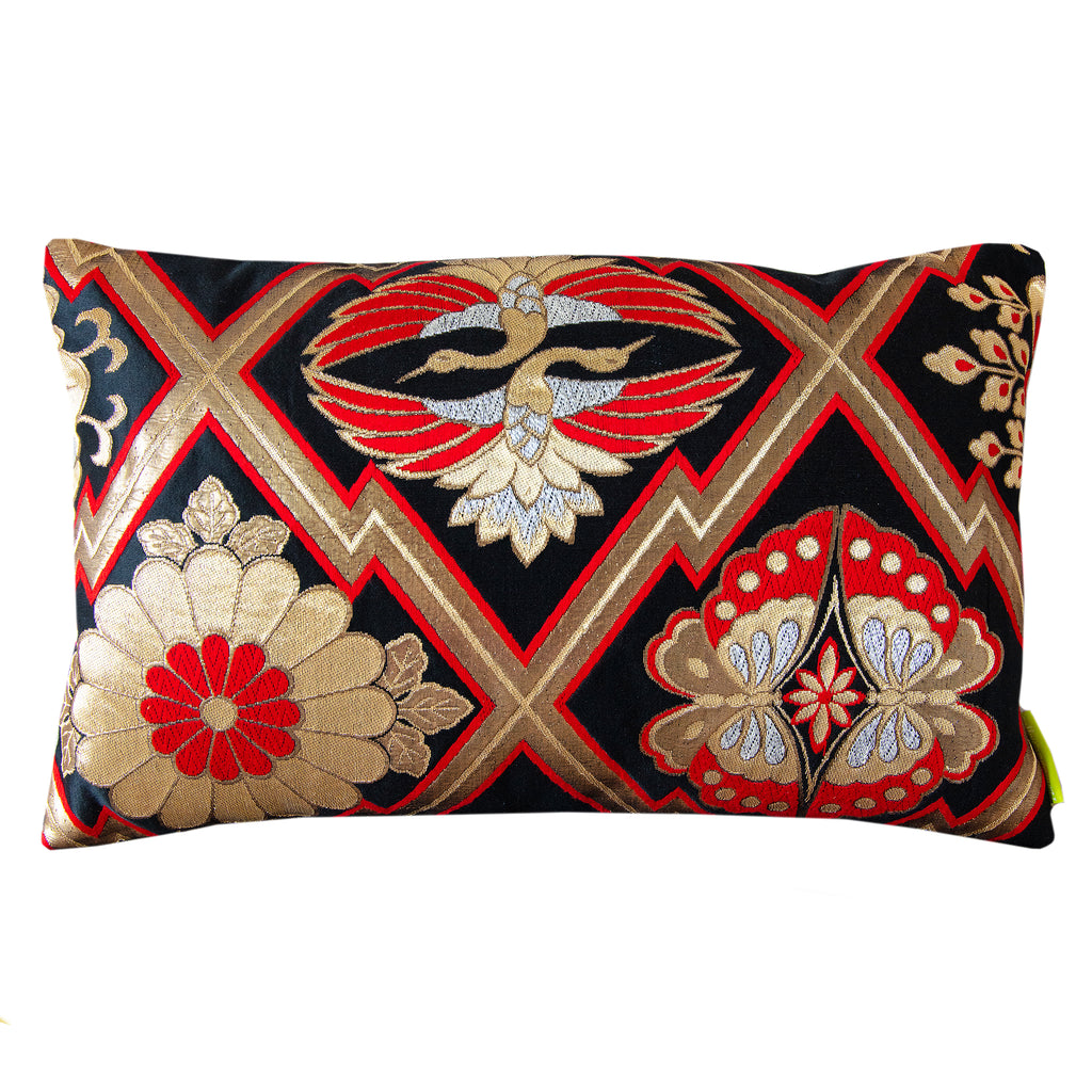 Hunted and Stuffed metallic obi cushion in black, gold, and red vintage Japanese silk kimono fabric, 16x16 inches