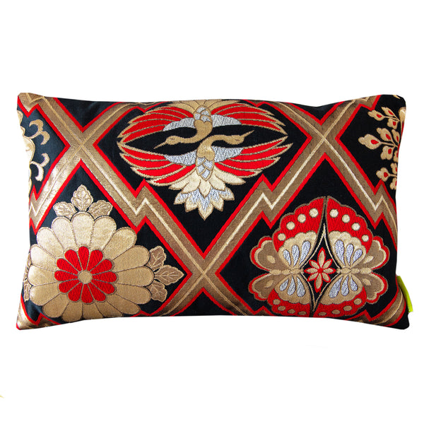 Metallic obi cushion in black gold and red kimono silk with birds, flowers and butterflies