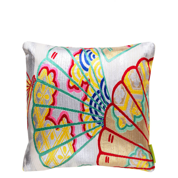 Silver Japanese Fans pillow -yellow velvet 13 inch square