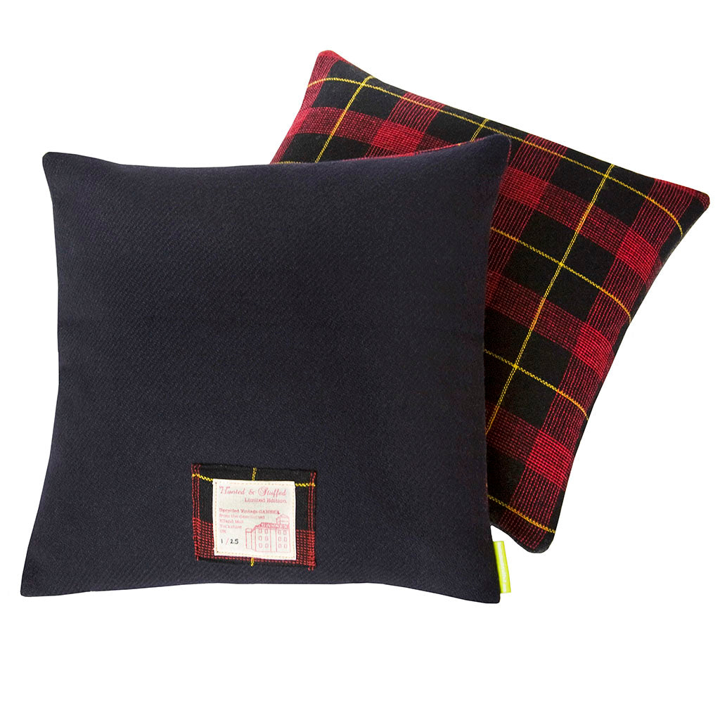 Vintage navy wool tartan cushion titled THE HAROLD by Hunted and Stuffed, wool fabric, rectangular, limited edition, Gannex