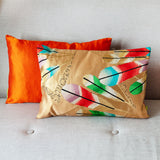 Gold Cushion Metallic Gilt Feathers -Hollywood Regency Silk Kimono Pillow