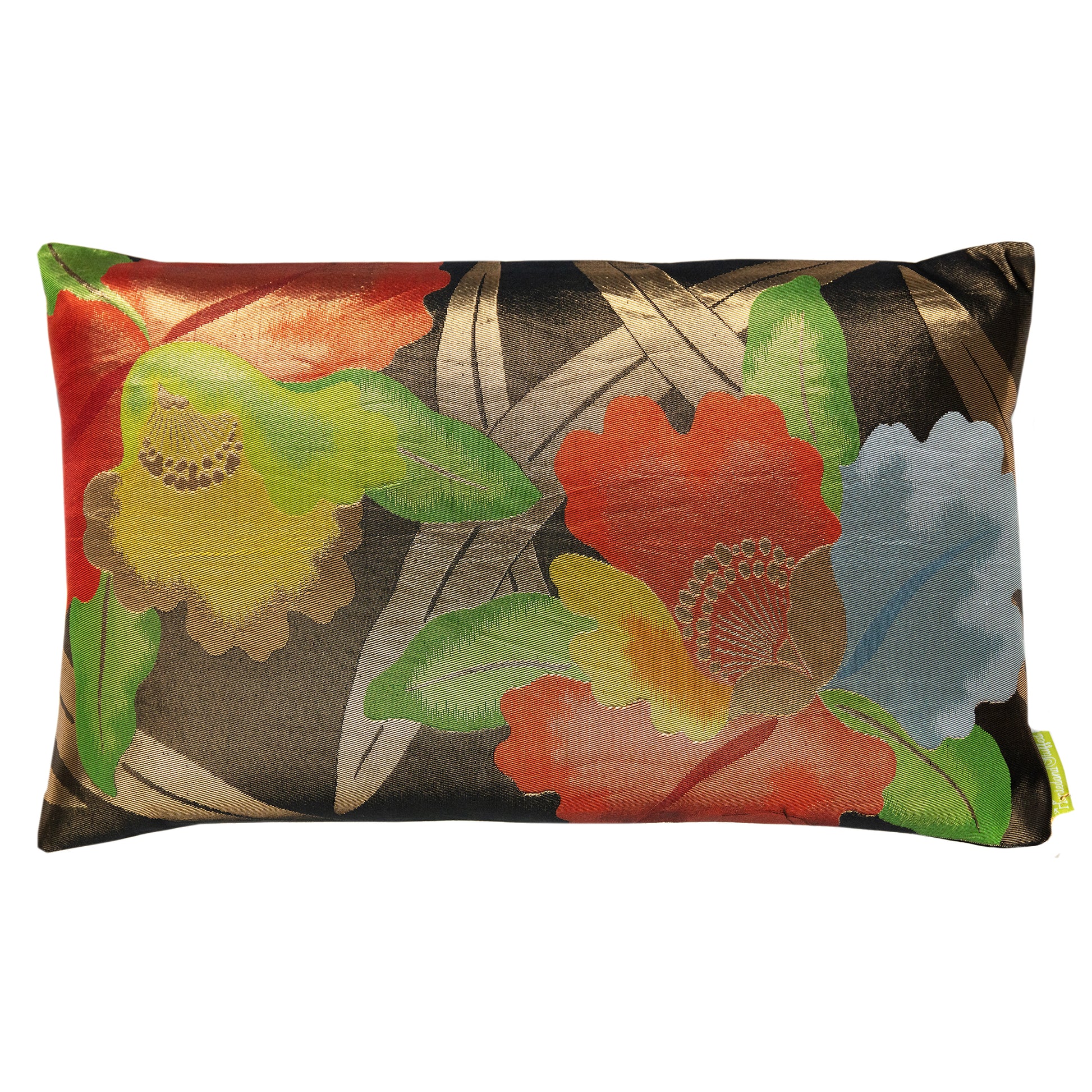 Obi pillow with abstract flowers in red, gold and black silk.