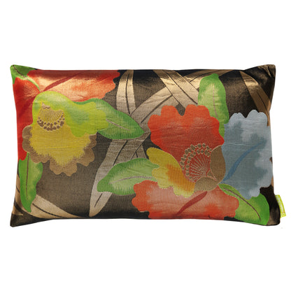 Obi pillow with abstract flowers in red, gold and black silk.