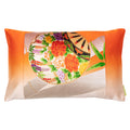 Orange ombre obi cushion cover featuring silver bamboo and embroidered floral designs made of soft cotton fabric, 16x16