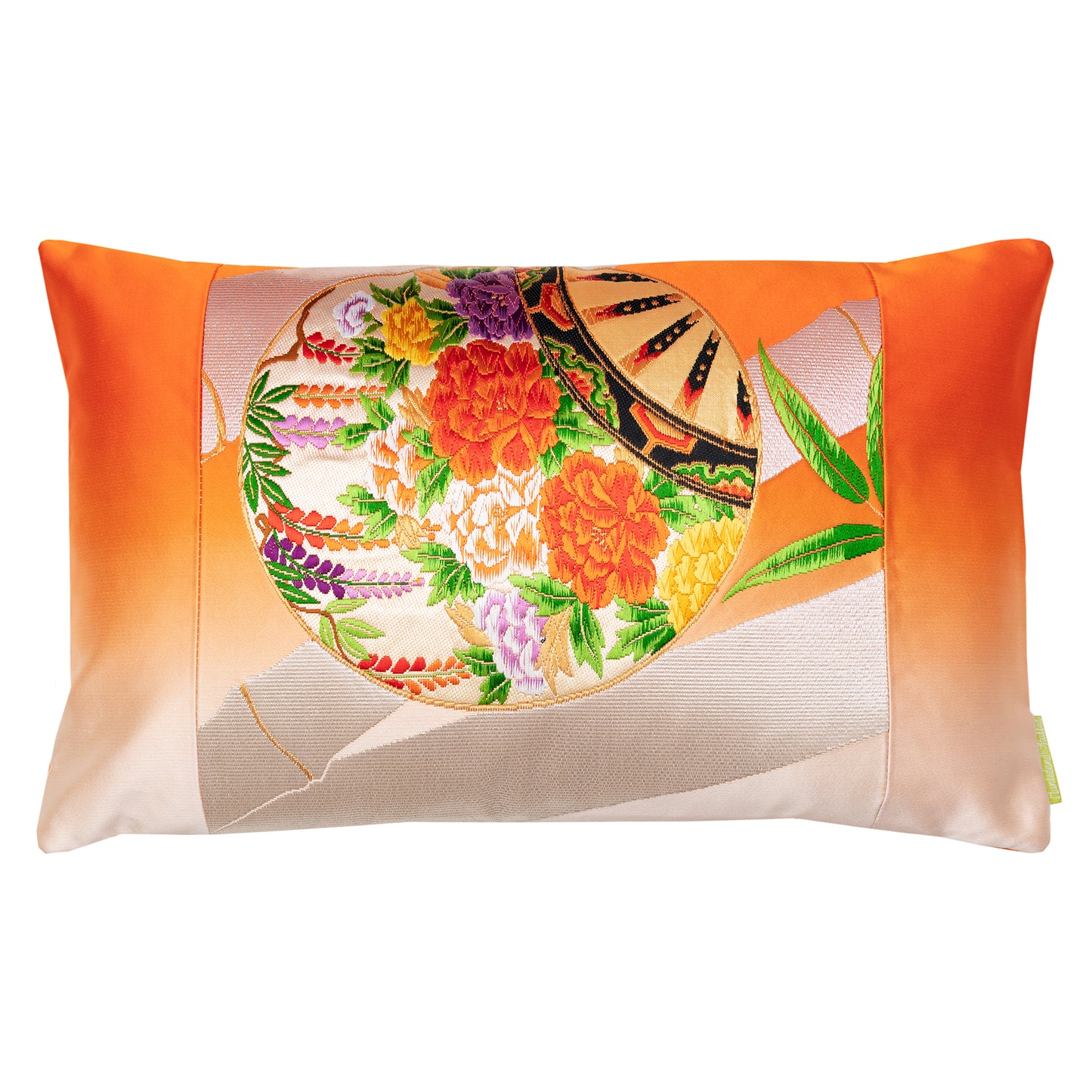 Orange ombre obi cushion with silver bamboo and flower pattern by Hunted and Stuffed.