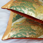 Close-up of the Nishijin kimono silk embroidered mountain temples pattern on the 17-inch cushion front, highlighting