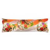 Oriental bolster pillow, orange ombre silk with silver bamboo design and floral circles. Pillow by Hunted and Stuffed, London.