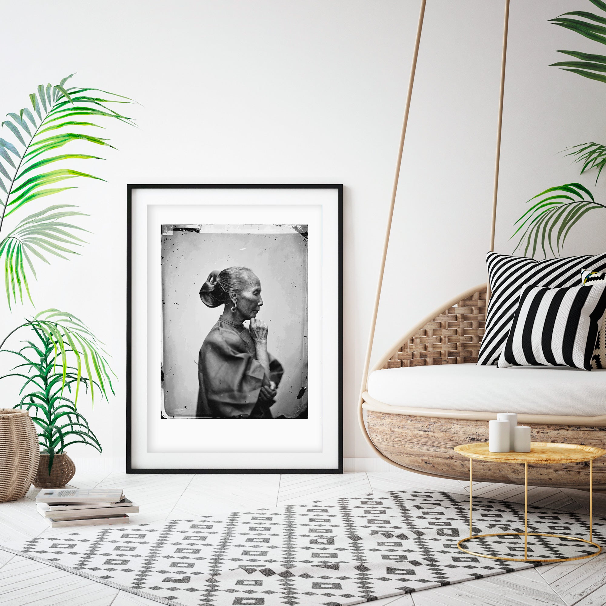 Black and white portrait of an Oriental woman, ink on paper, 16x20 inches, framed, by Hunted and Stuffed, vintage style