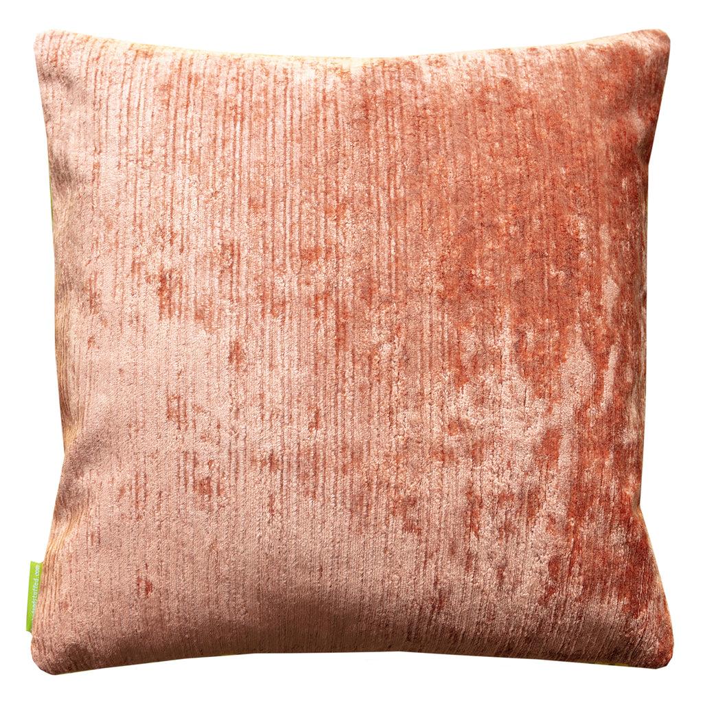 Close-up of bamboo detailing and textured peach velvet backing on vintage gold pillow, highlighting craftsmanship and fabric