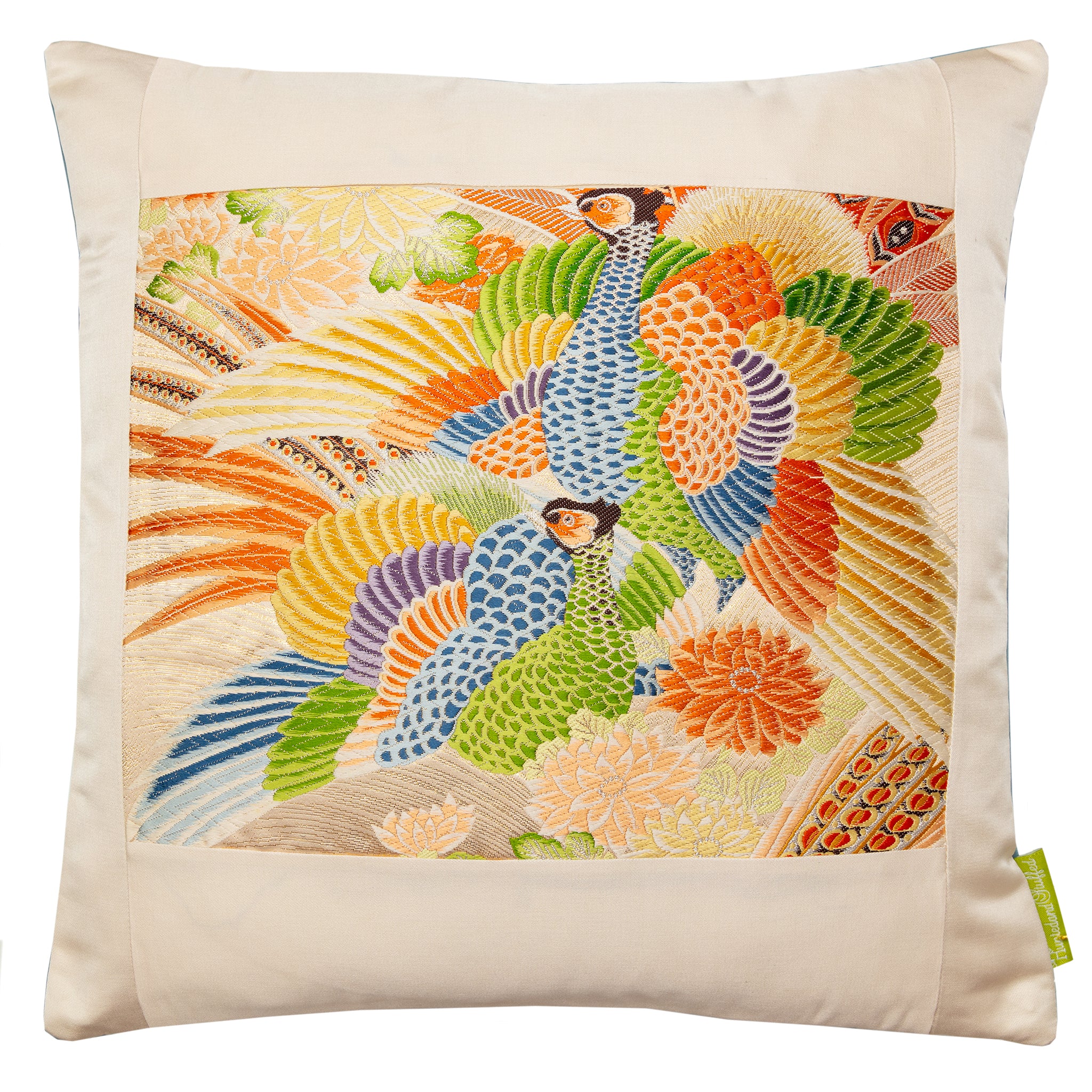 Hunted and Stuffed Pheasants Pillow 15.5-inch cream silk and blue velvet square Obi cushion with soft, smooth textures